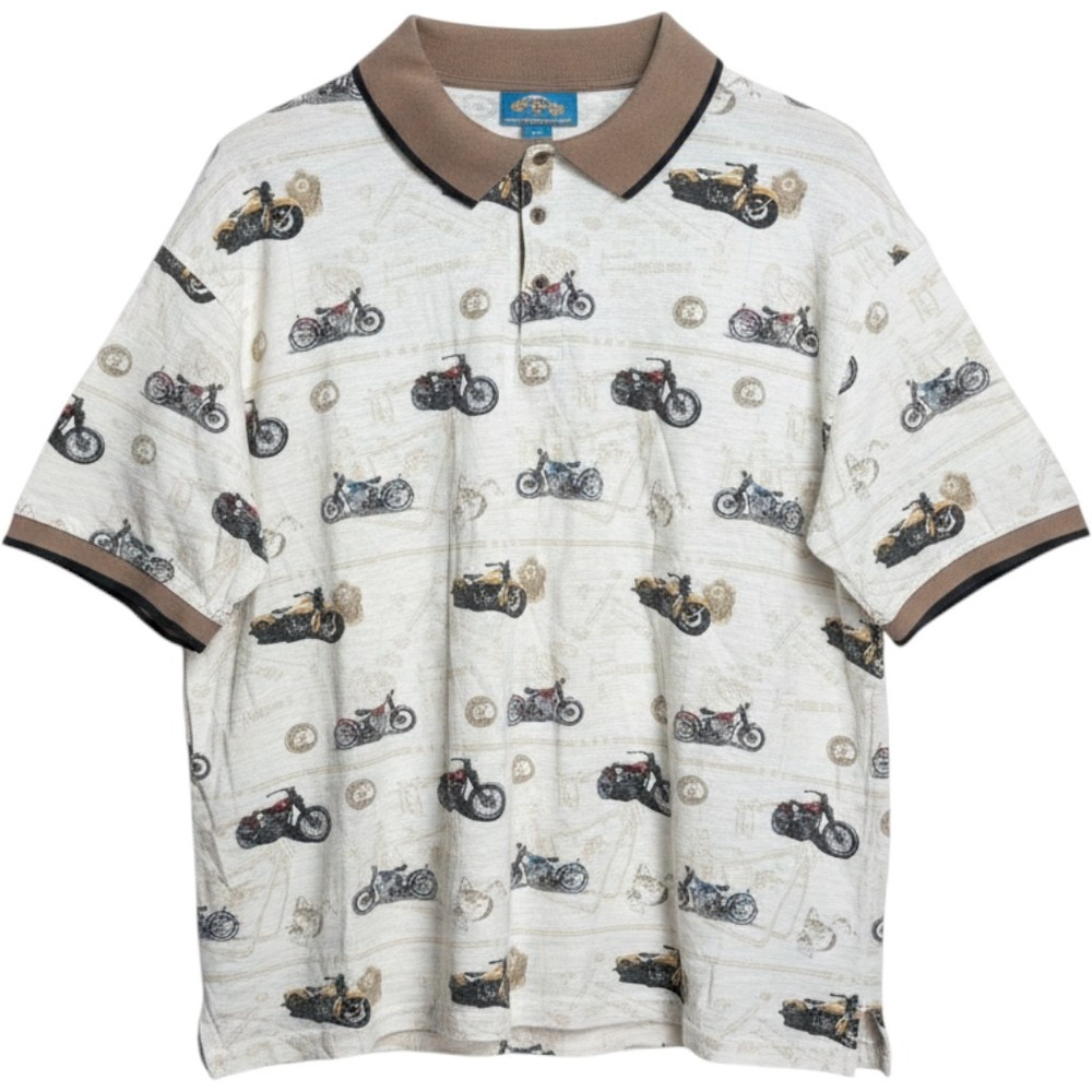 Timber Ridge Traders Mens‎ Vintage Motorcycle Print Polo Shirt Cream Tan XL